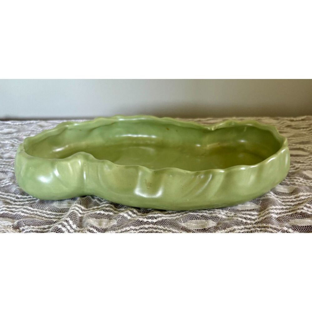 VTG Haeger Pottery USA Organic Freeform Console Bowl MCM Matte Green Planter Art